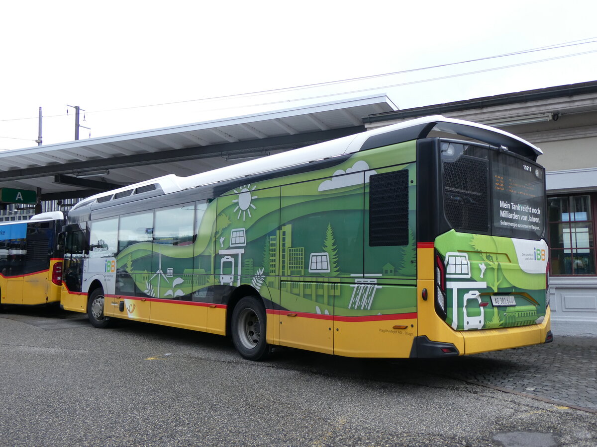 (260'758) - Voegtlin-Meyer, Brugg - AG 381'644/PID 11'611 - eScania am 28. Mrz 2024 beim Bahnhof Brugg