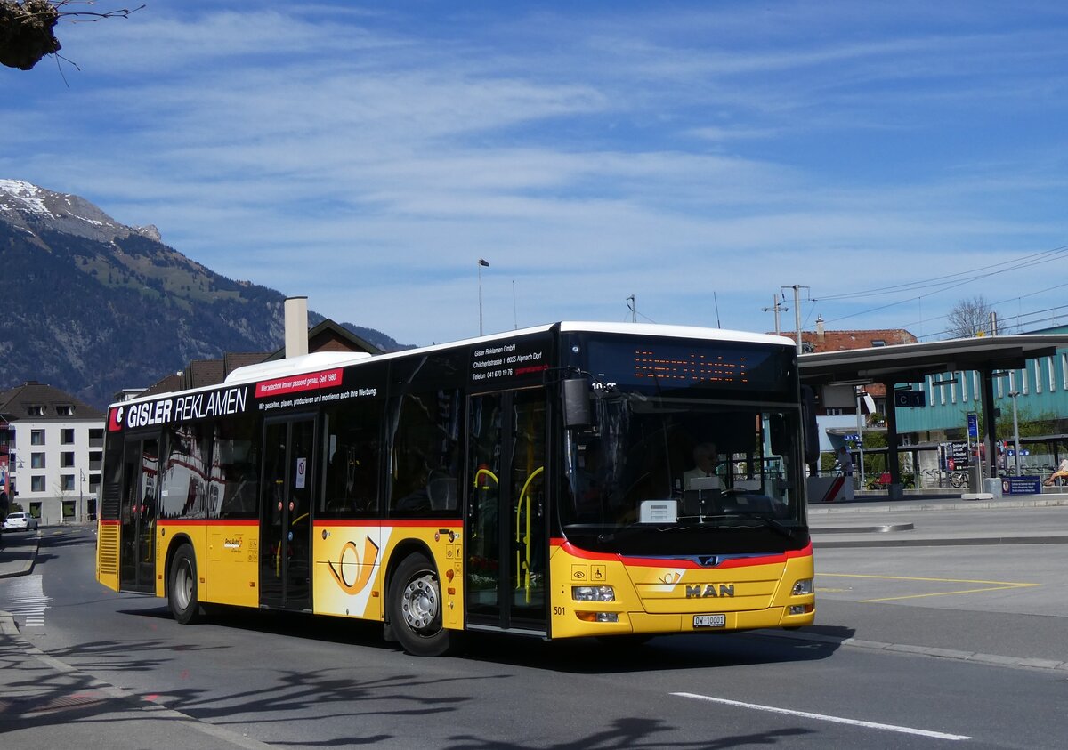 (261'051) - PostAuto Zentralschweiz - Nr. 501/OW 10'001/PID 10'265 - MAN (ex Dillier, Sarnen Nr. 9) am 6. April 2024 beim Bahnhof Sarnen