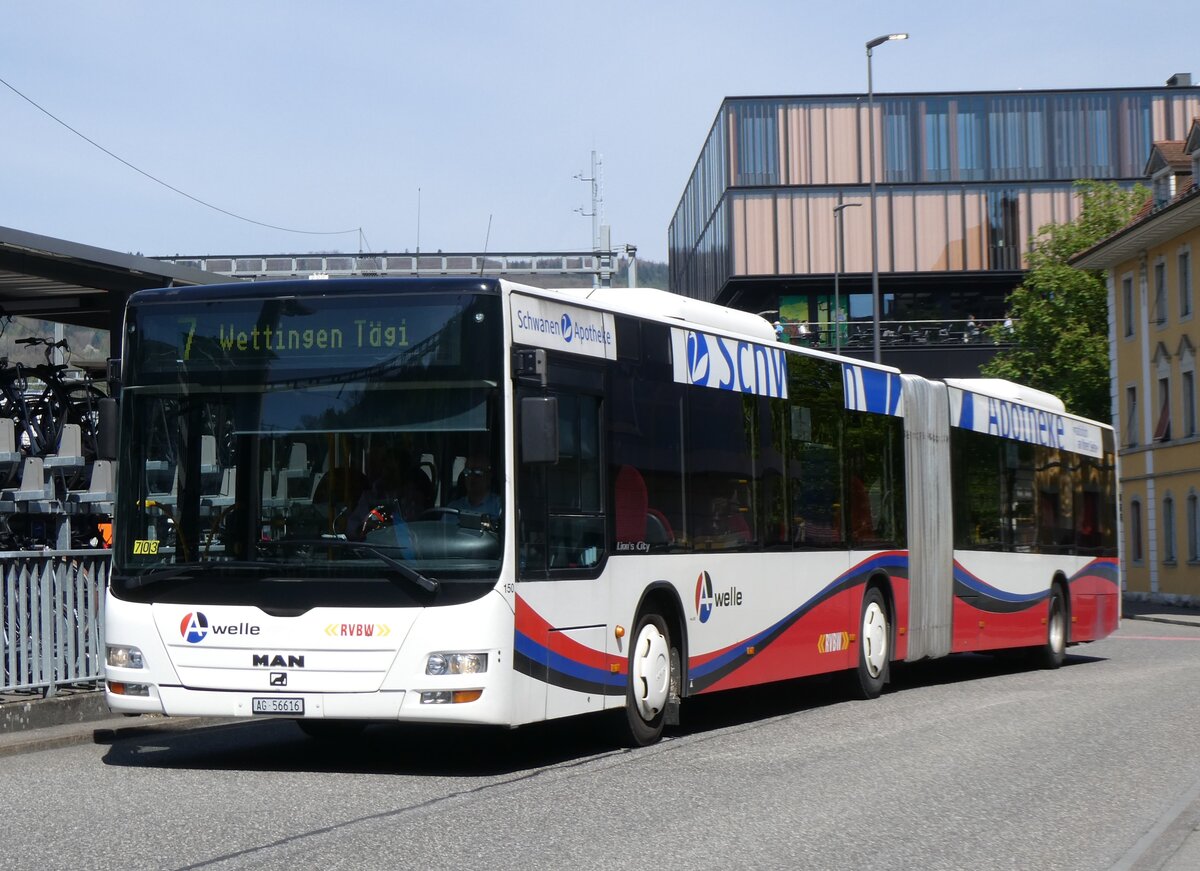 (261'193) - RVBW Wettingen - Nr. 150/AG 56'616 - MAN am 12. April 2024 beim Bahnhof Baden