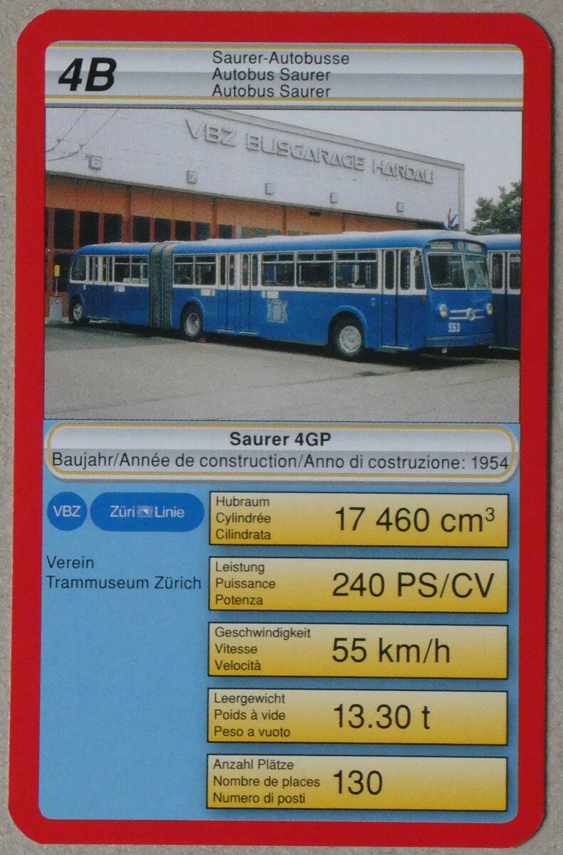 (264'228) - Quartett-Spielkarte mit VBZ Saurer 4GP Nr. 553 am 30. Juni 2024 in Thun