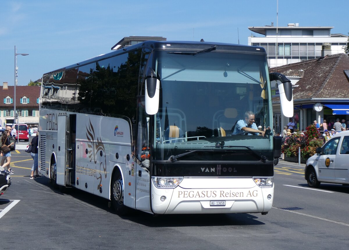 (266'101) - PEGASUS Reisen, Baden - Nr. 3/AG 13'658 - Van Hool am 22. August 2024 beim Bahnhof Thun