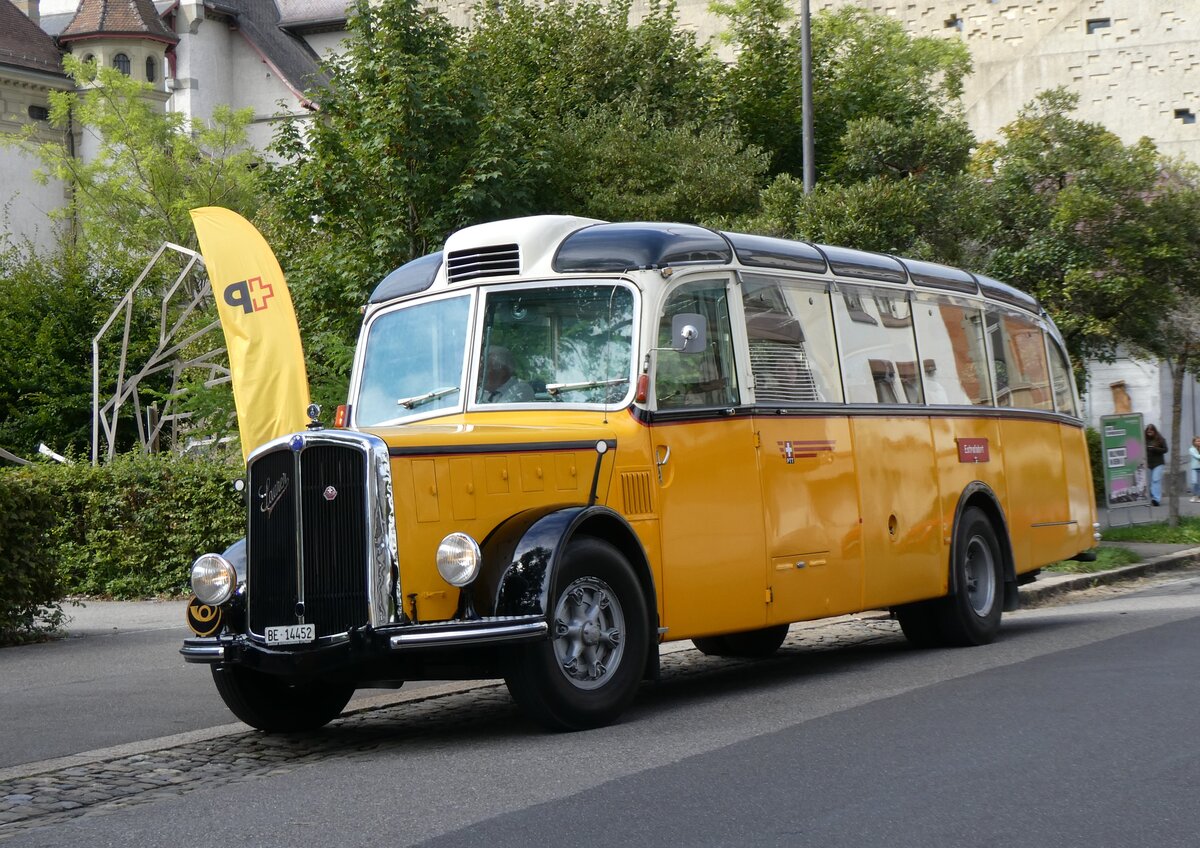 (267'031) - Mller, Uttigen - BE 14'452 - Saurer/Eggli (ex Tschannen, Arth; ex OPC Ennetbrgen Nr. 2; ex M+79'513; ex P 23'153; ex P 2240) am 14. September 2024 in Bern, Museum fr Kommunikation  