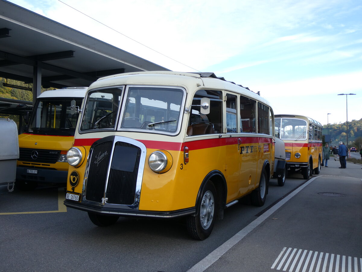 (267'998) - Schmid, Thrishaus - Nr. 3/BE 26'760 - Saurer/Gangloff (ex Geiger, Adelboden Nr. 3) am 12. Oktober 2024 beim Bahnhof Reichenbach