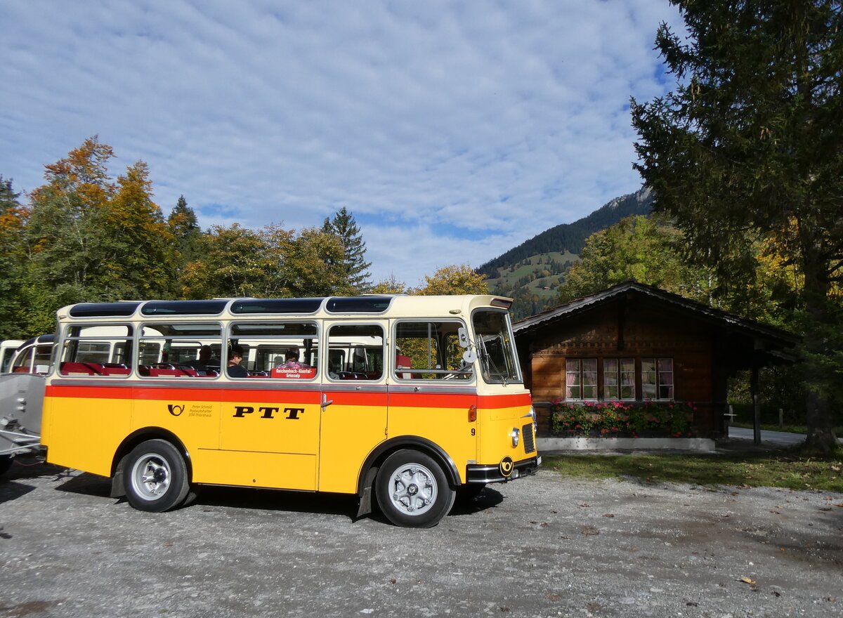 (268'039) - Schmid, Thrishaus - Nr. 9/BE 26'105 - Saurer/R&J (ex Geiger, Adelboden Nr. 9) am 12. Oktober 2024 in Kiental, Loosplattenalp