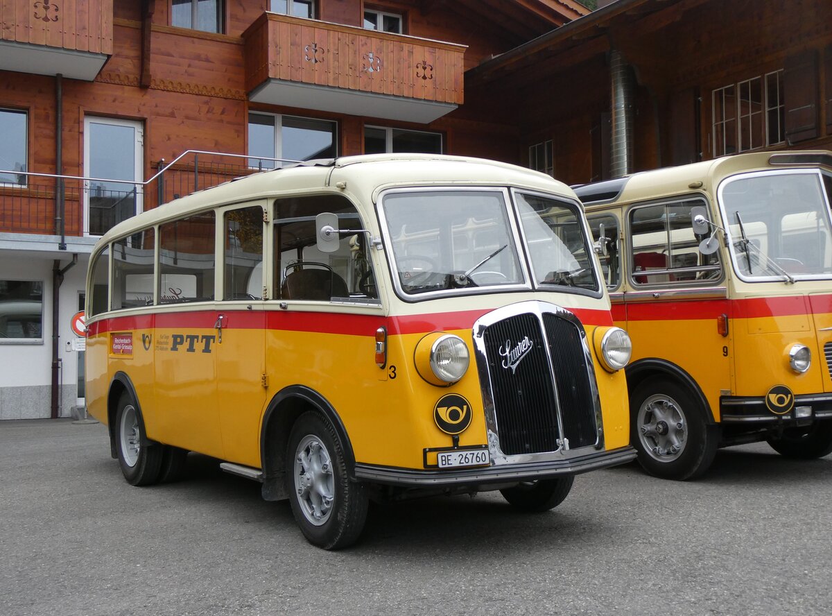 (268'143) - Schmid, Thrishaus - Nr. 3/BE 26'760 - Saurer/Gangloff (ex Geiger, Adelboden Nr. 3) am 12. Oktober 2024 auf der Griesalp