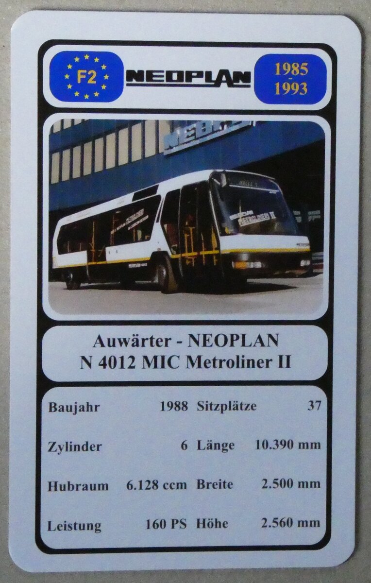 (280'034) - Quartett-Spielkarte mit Auwrter - NEOPLAN N 4012 MIC Metroliner II von 1988 am 7. September 2025 in Thun