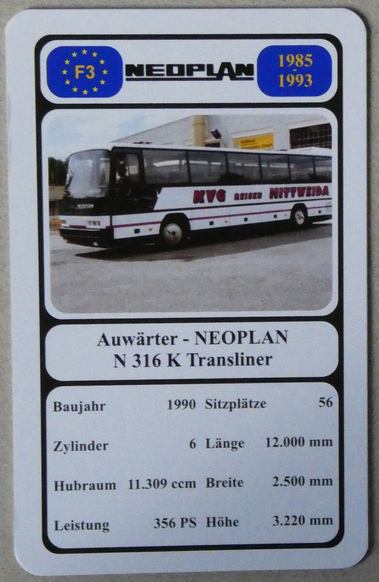 (280'035) - Quartett-Spielkarte mit Auwrter - NEOPLAN N 316 K Transliner von 1990 am 7. September 2025 in Thun