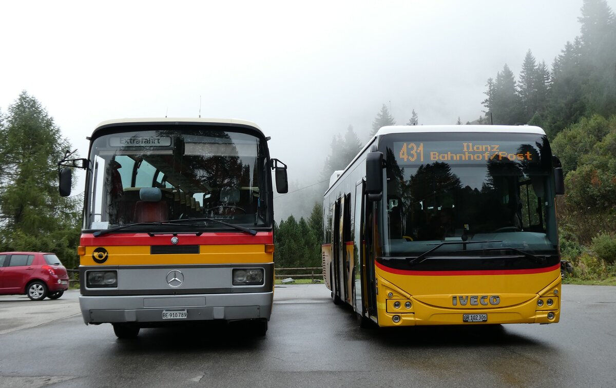 (280'152) - Buzzi, Bern - BE 910'789 - Mercedes (ex Mattli, Wassen/PID 2295) +PostAuto Graubnden GR 102'306/PID 12'012 - Iveco (ex Nr. 6) am 9. September 2025 in Vals, Zervreila