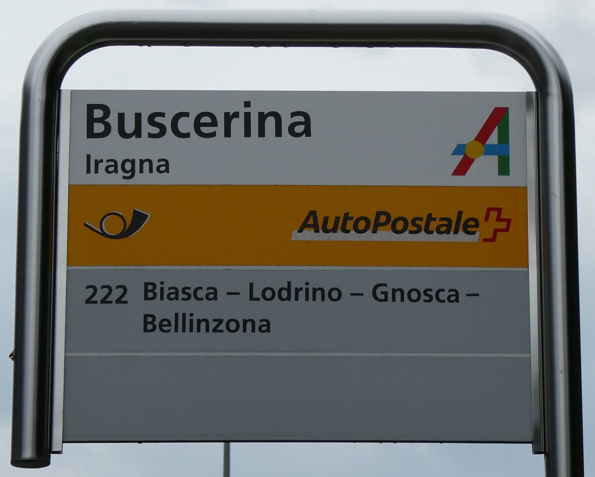 (280'338) - PostAuto-Haltestellenschild - Iragna, Buscerina - am 13. September 2025