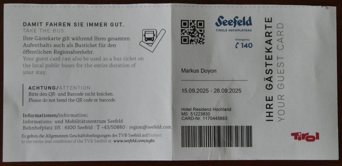 (280'426) - Gstekarte von Seefeld i.T. am 16. September 2025 in Seefeld, Hotel Hochland
