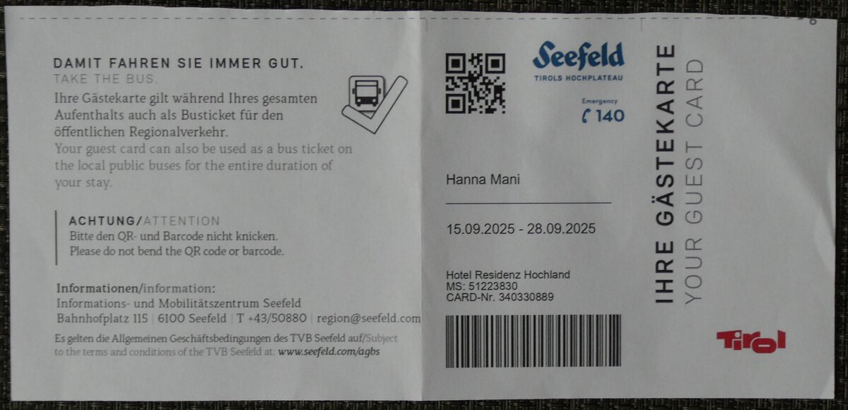 (280'467) - Gstekarte von Seefeld i.T. an 16. September 2025 in Seefeld, Hotel Hochland