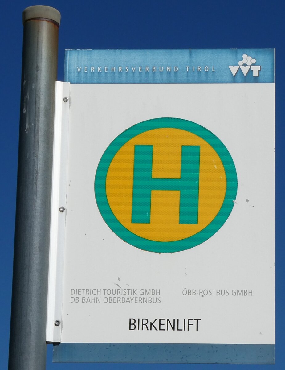 (280'618) - DIETRICH-TOURISTIK/DB/BB-POWTBUS- Haltestellenschild - Seefeld, Birkenlift - am 20. September 2025