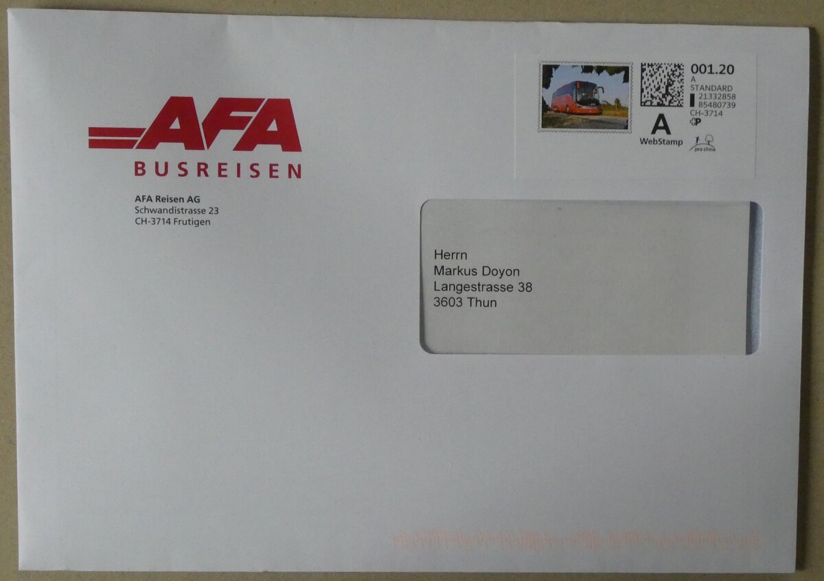 (281'520) - AFA-Briefumschlag vom 11. Oktober 2025 am 14. Oktober 2025 in Thun