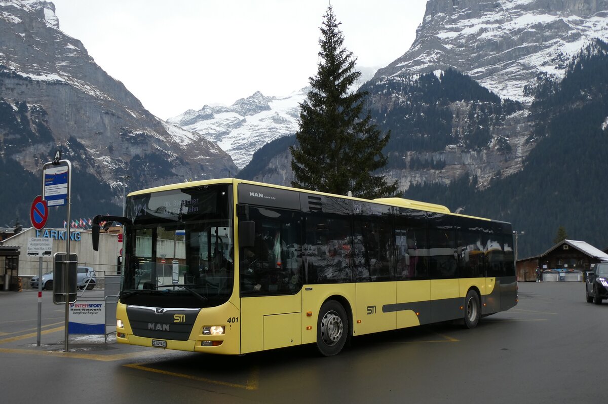 (283'665) - STI Thun - Nr. 401/BE 849'401 - MAN am 2. Januar 2026 beim Bahnhof Grindelwald