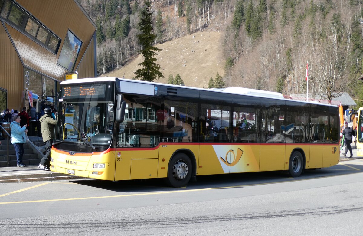 (285'105) - PostAuto Zentralschweiz - Nr. 501/OW 10'001/PID 10'265 - MAN (ex Nr. 9; ex Dillier, Sarnen Nr. 9) am 28. Februar 2026 auf der St�ckalp