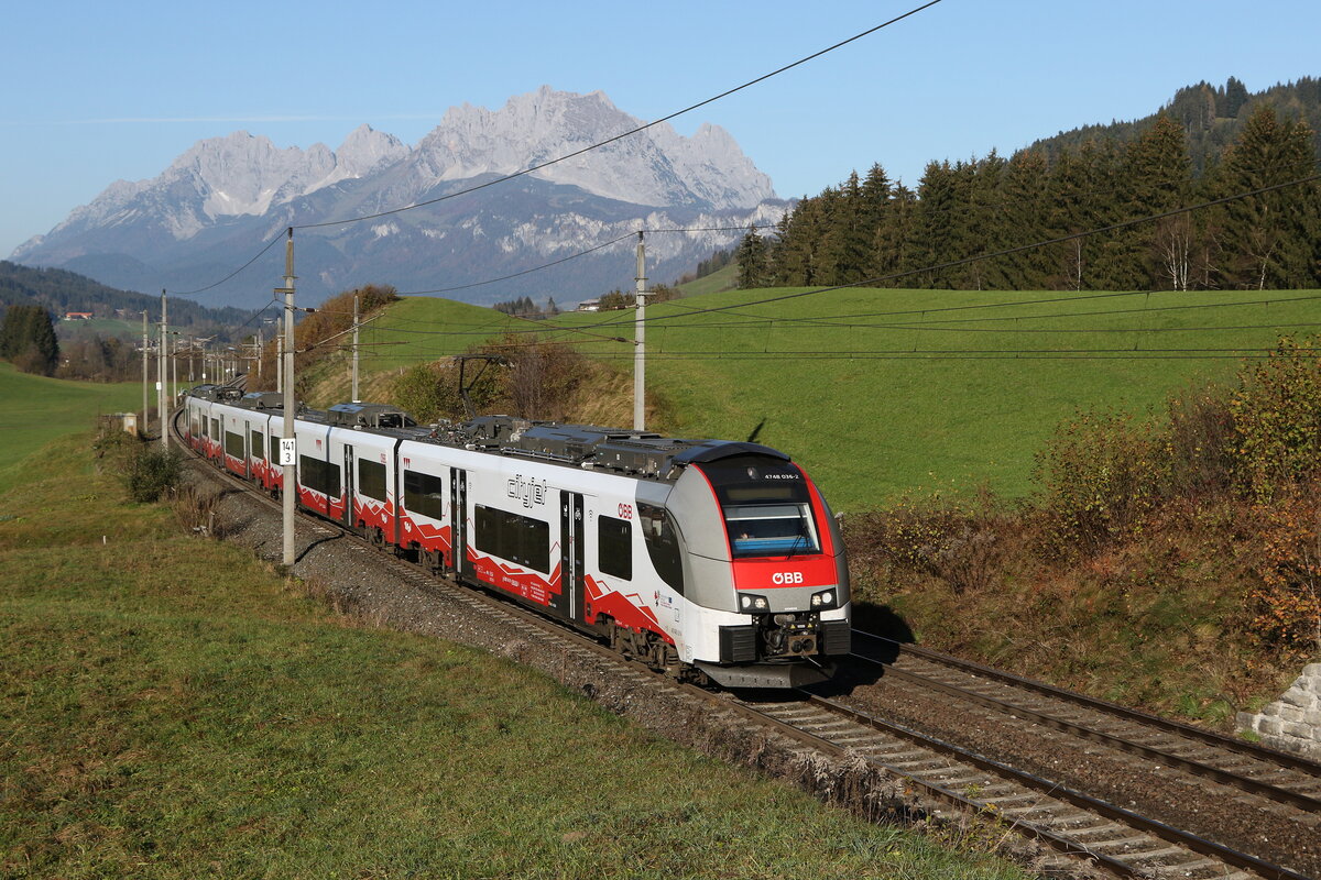 4748 036 war am 29. Oktober 2024 kurz vor Fieberbrunn in Richtung Hochfilzen unterwegs.