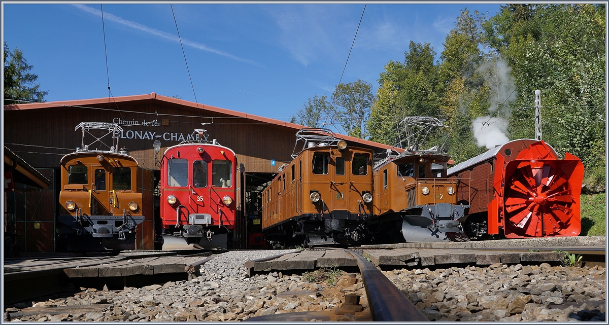 50 Jahre Blonay Chamby - MEGA BERNINA FESTIVAL: Unter dem Titel  Alignement  fand in Chaulin eine Aufstellung der Bernina Fahrzeuge statt. Von links nach rechts: Die Rhb Ge 2/2 161 Asnin (Eselchen), der Rhb Bernina ABe 4/4 N° 35, die Bernina Bahn BB Ge 4/4 81 (ex BB Ge 6/6 81 bzw. ab 1929 Ge 4/4 81, später RhB Ge 4/4 181) mit dem Revisionsdatum 7.9.18, das Bernina Krokodil Ge 4/4 182 und die Dampfschneeschlauder Xrot D 9214 (bzw. 1052) 8. September 2018