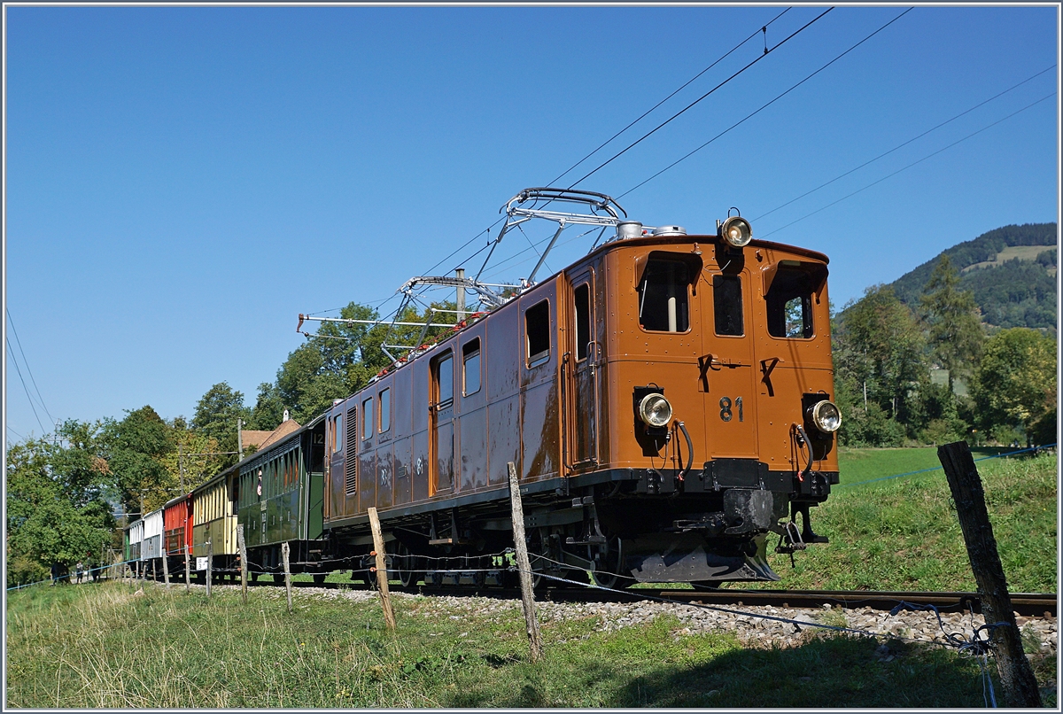 50 Jahre Blonay Chamby - MEGA BERNINA FESTIVAL: Die Blonay-Chamby Bahn BB Ge 4/4 81, von Blonay kommend, kurz vor Chaulin Bifurcation.

9. Sept. 2018