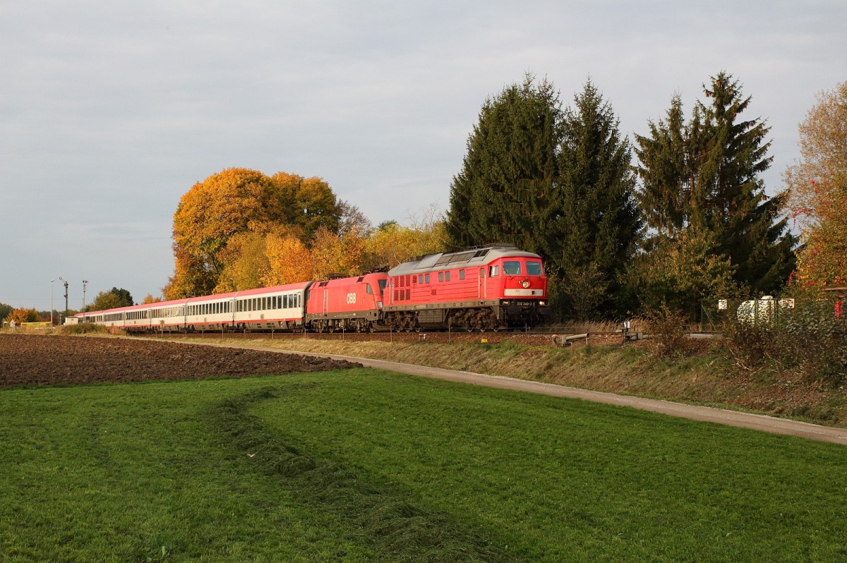 Aufgrund von Brckensanierungen auf der Strecke Mnchen-Salzburg werden an den Wochenenden 19.+20.10.13 und 26.+27.10.13 smtliche Fernverkehrszge und auch mehrere Gterzge ber die KBS 940 Mnchen-Mhldorf umgeleitet. Da der einzusetzende Bestand an Mhldorfer 218 fr die IC und EC nicht ausreicht, setzt DB Fernverkehr auch 232 209-7 + 240-2 ein. 
232 240-2 wurde am Morgen des 20.10.13 mit solch einem Zug und mitgefhrtem BB-Taurus in Hrlkofen fotografiert.