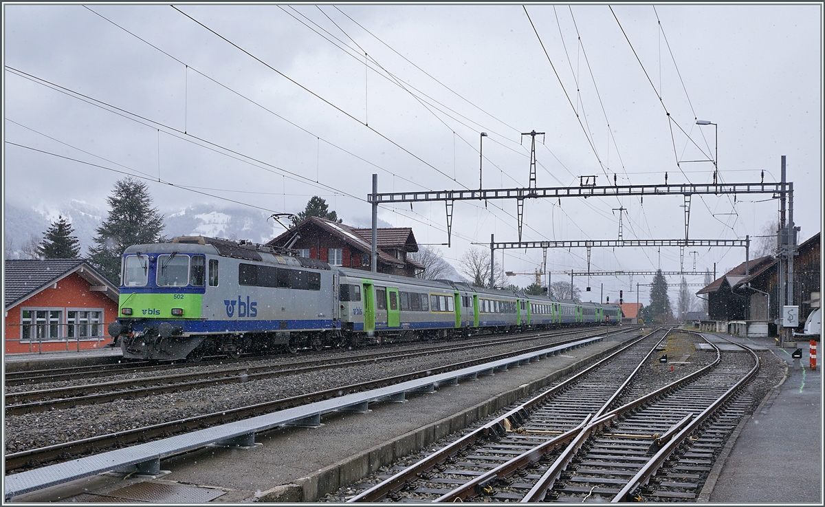 Bei gartstigem Wetter schiebt die BLS Re 4/4 II  502 bei Leissigen ihren RE von Zweisimmen nach Interlaken. 

16.03.2021