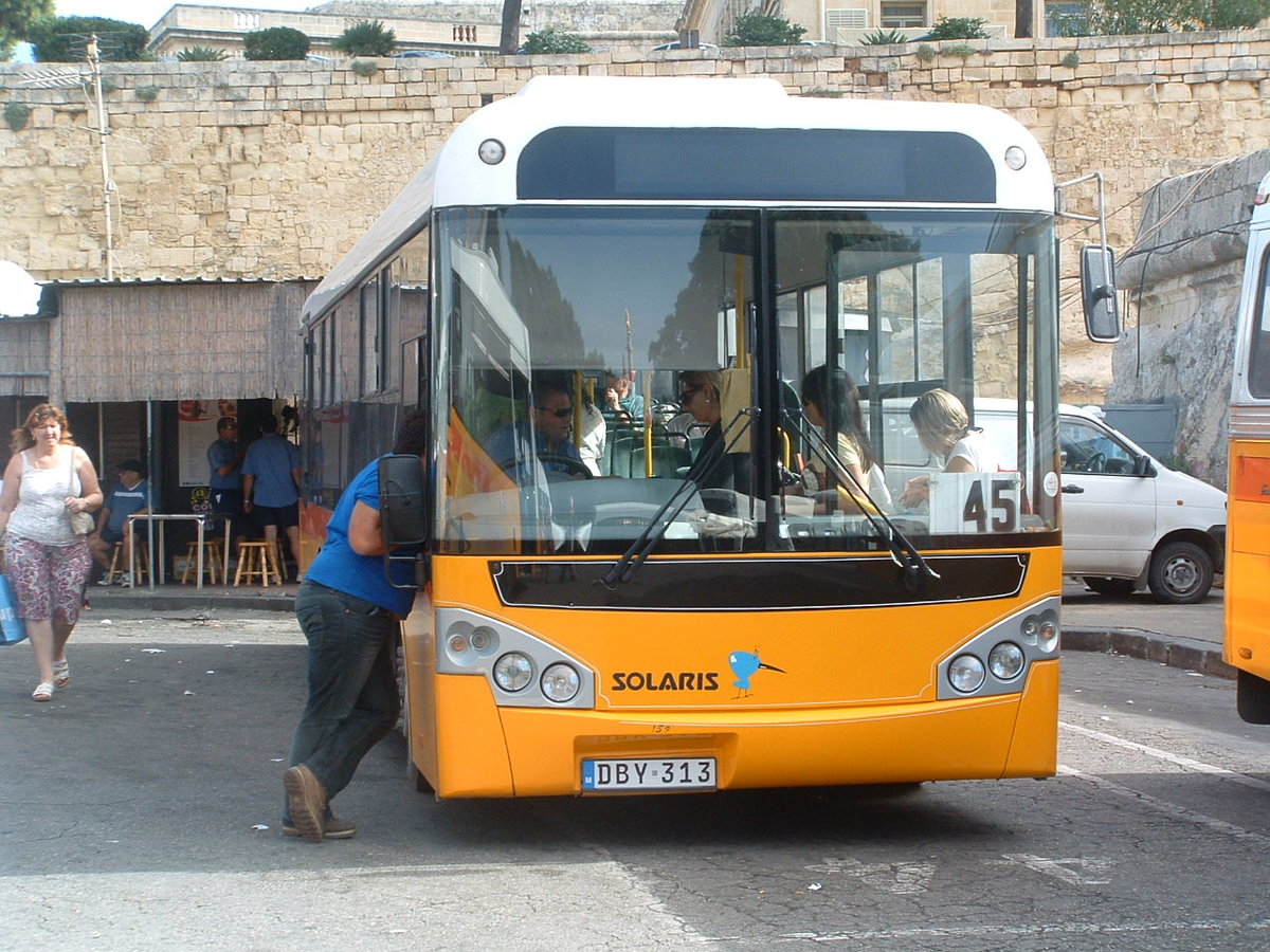 DBY 313
2003 Solaris Valletta
Solaris B45F

Delivered new to Malta.  Photographed at City Gate Terminus, Valletta, Malta on 14th October 2010.