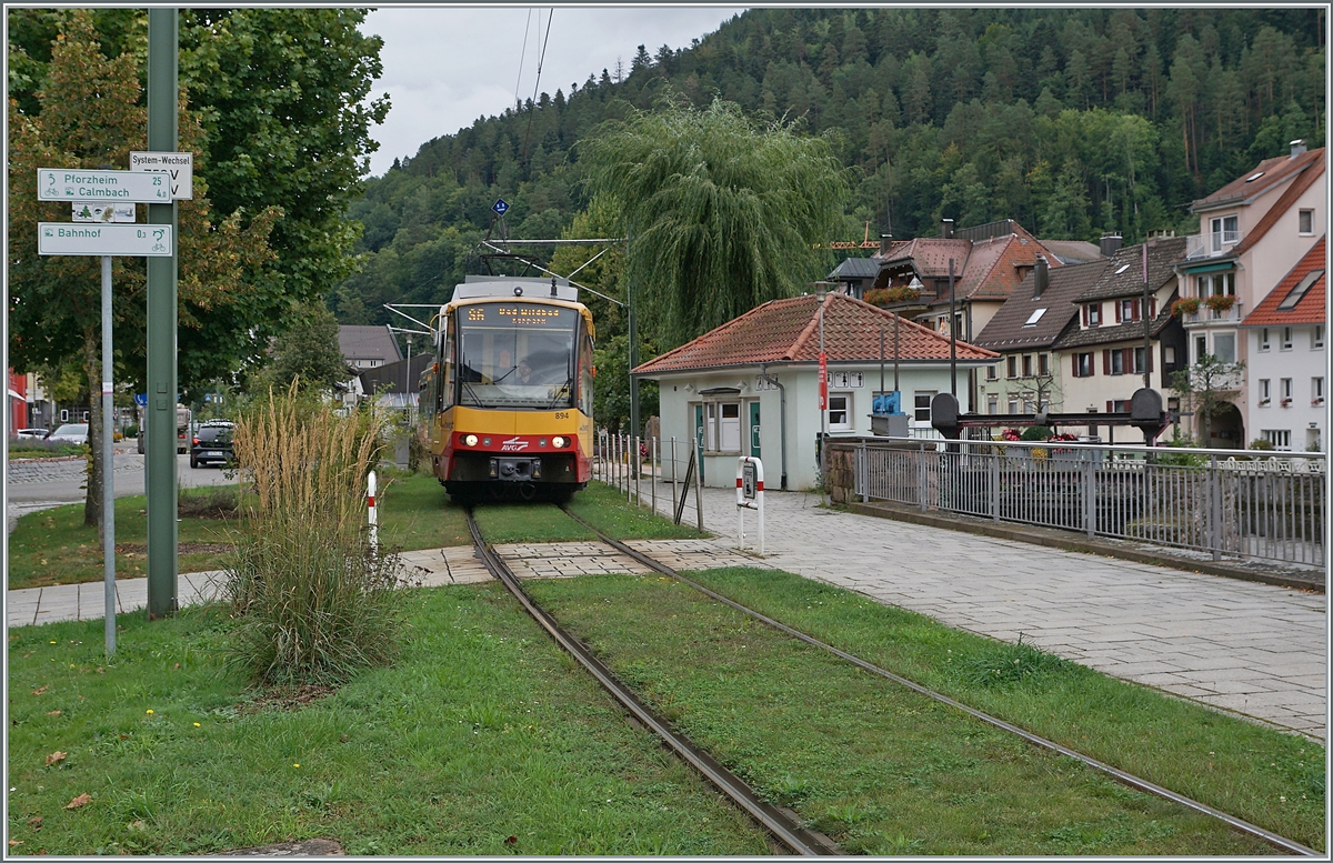 Der von Pforzheim kommende AVG 450 894 zwischen Bad Wildbad Bf und Bad Wildbad Uhlandplatz. 

15. Sept. 2021