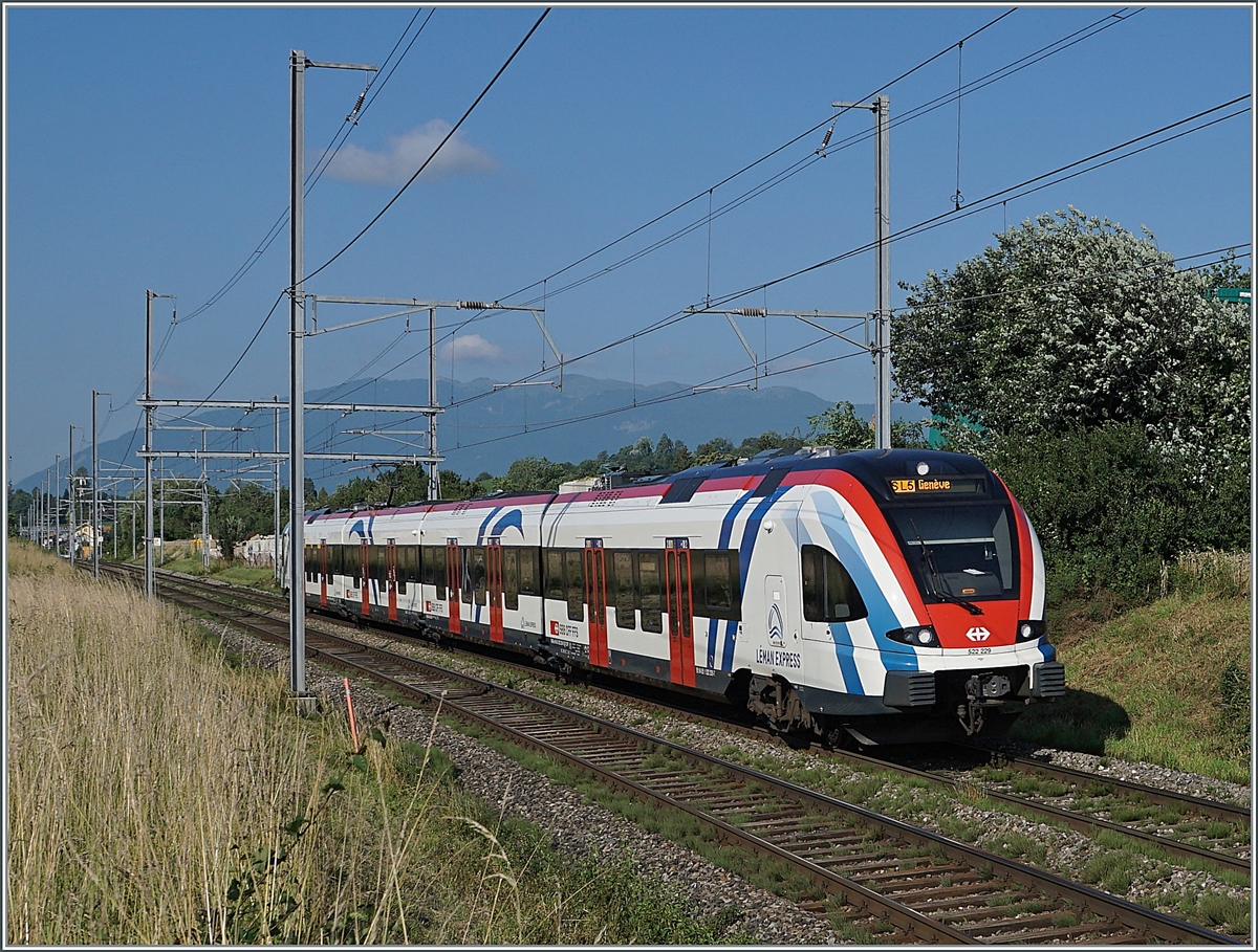 Der SBB LEX RABe 522 229 ist als Léman Express SL5 kurz nach Satigny bei Bourdigny unterwegs. 

19. Juli 2021