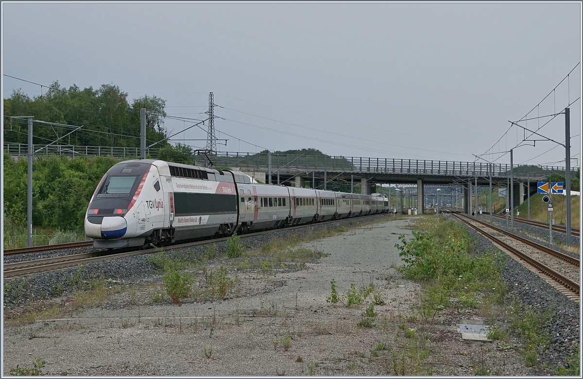 Der schnellste Zug der Welt: Der TGV 4402 erreichte am 3. April 2007 574.8 Km/h pro Stunde- Weltrekord! Hier verlässt der Zug als TGV 9206 von Zürich nach Paris unterwegs den Bahnhof Belfort Montbéliard TGV.

6. Juli 2019