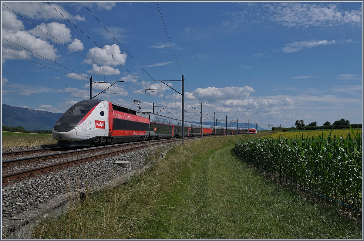 Der TGV Lyria 9261, geführt vom Triebzug N° 4721, hat kurz vor Arnex sein Ziel Lausanne schon fast erreicht. Kurz vor Arnex beschreibt die Trasse einen weiten, offen 180° Bogen, der jedoch vom Gelände, der Vegetation und Sonnenstand her kaum als ganzes ins Bild zu bekommen ist. Hier die Version  Nachschuss, die mir besser gefallt denn da der Zug auf dem fototechnisch günstigen Gleis fuhr, der gehobene Stromabnehmer dabei aufs Bild kam und die  Spitzen/Schlussbeleuchtung kaum auffällt. 

14. Juli 2020
