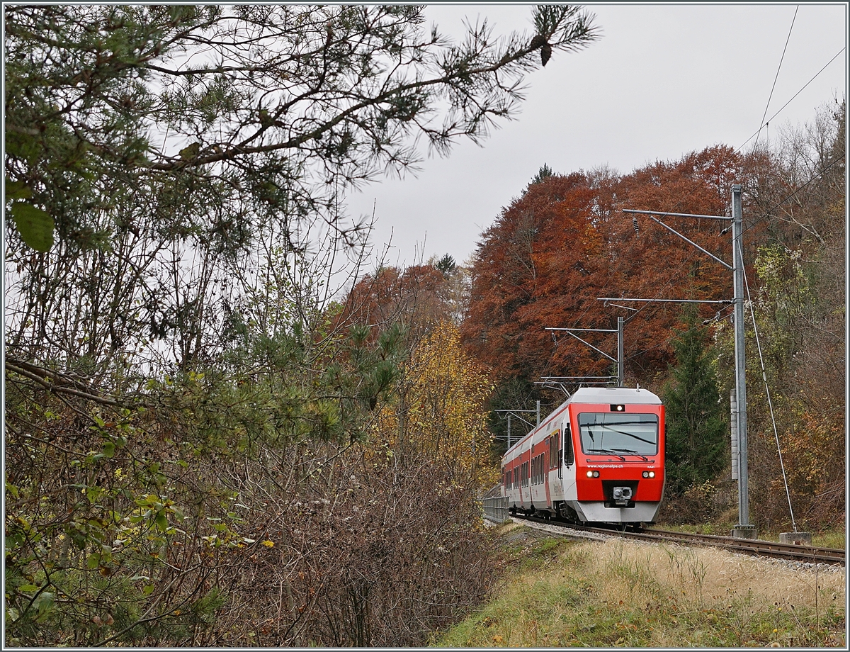 Der TMR RABe 527 041 auf der Fahrt von Orsière nach Sembrancher ist kurz vor seinem Ziel. 

5. Nov. 2020