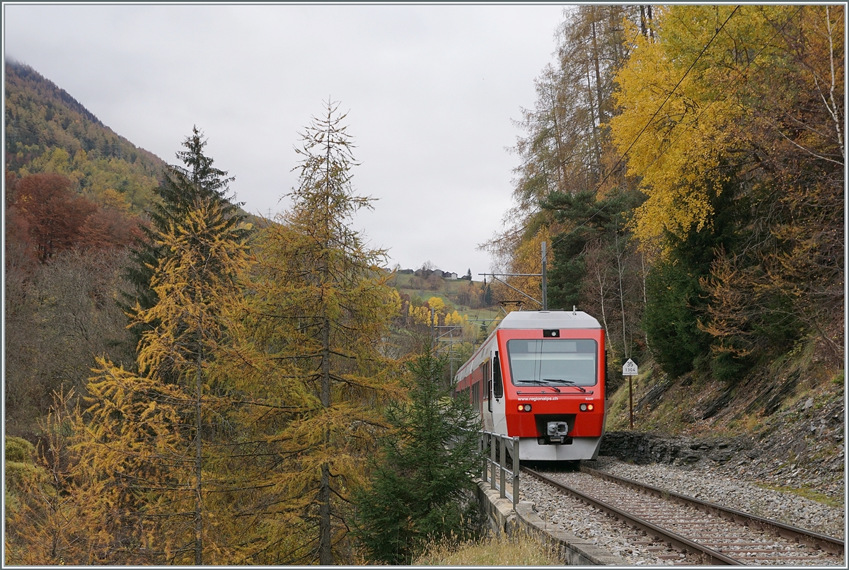 Der TMR RegionAlps RABe 525 041 (UIC 94 85 7525 041-0 CH-RA) ist von Sembracher nach Orsières unterwegs und fährt kurz nach Orsières durch einen bunten Herbstwald.

5. Nov 2020