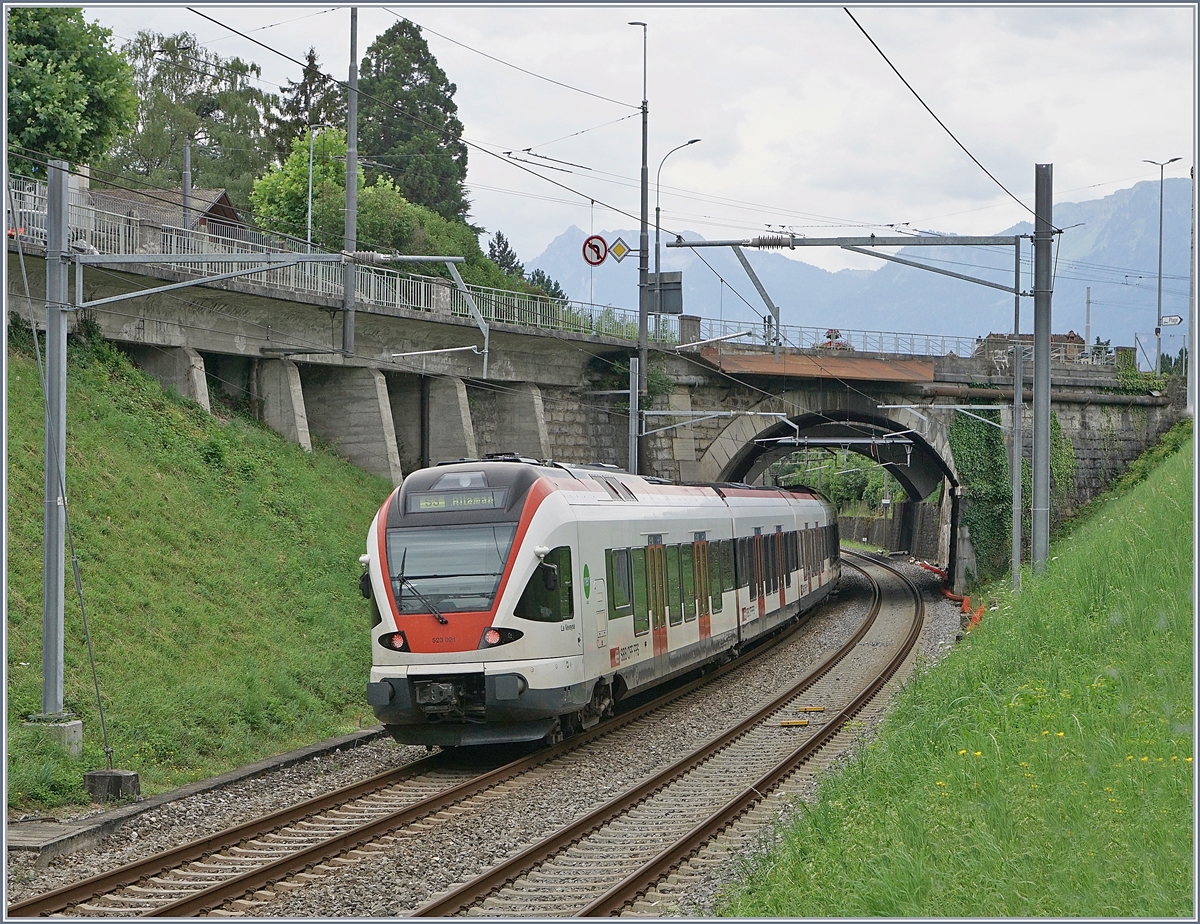 Der von Vallorbe kommende RER erreicht sein Ziel Villeneuve, von wo aus der Zug nach einigen Minuten als RER nach Allaman fahren wird. 

15. Juli 2020