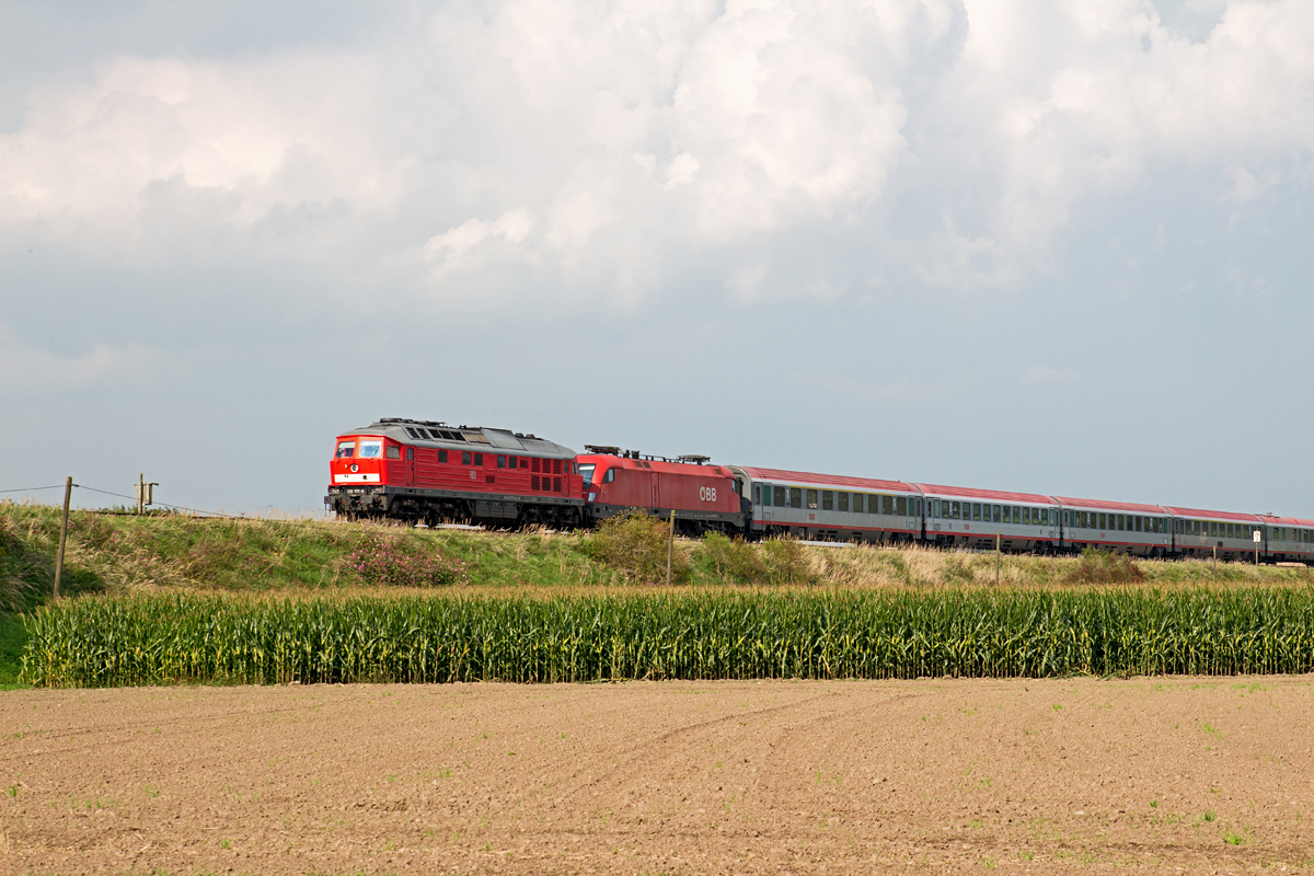 Die altbelüftete 232 571-0 hatte am 07.09.14 den umgeleiteten EC 112 nach München Hbf am Haken. Das Bild entstand zwischen Ottenhofen und Herdweg.