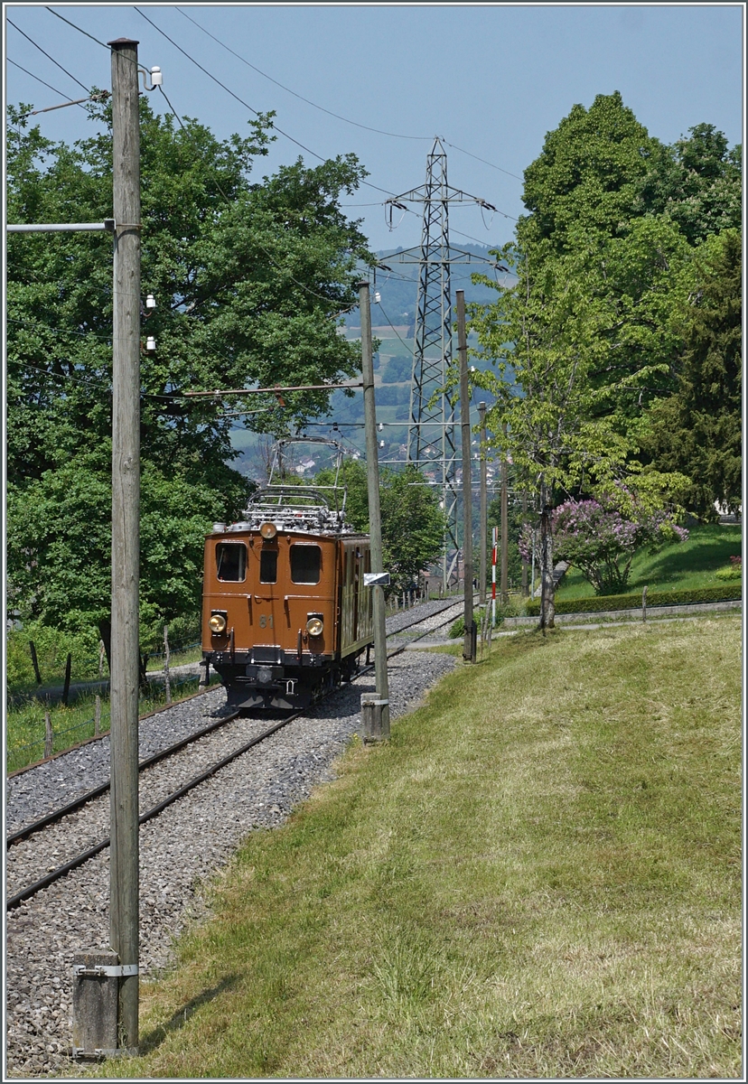Die  Bernina Bahn Ge 4/4 81 der Blonay-Chamby Bahn ist als Lokzug bei Chaulin unterwegs. 

29. Mai 2023