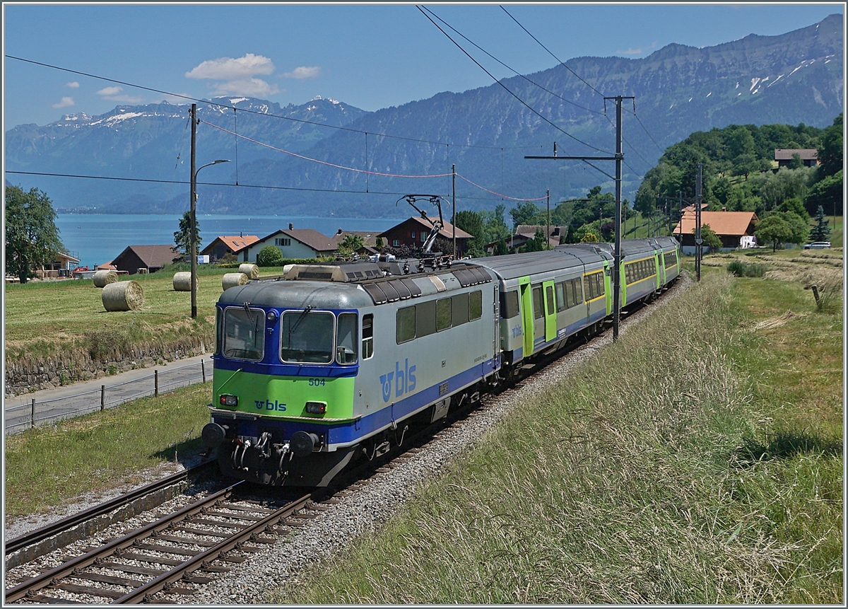 Die BLS Re 4/4 II 504 ist mit ihrem EW III RE bei Faulensee von Zweisimmen nach Interlaken Ost unterwegs. 

14. Juni 2021