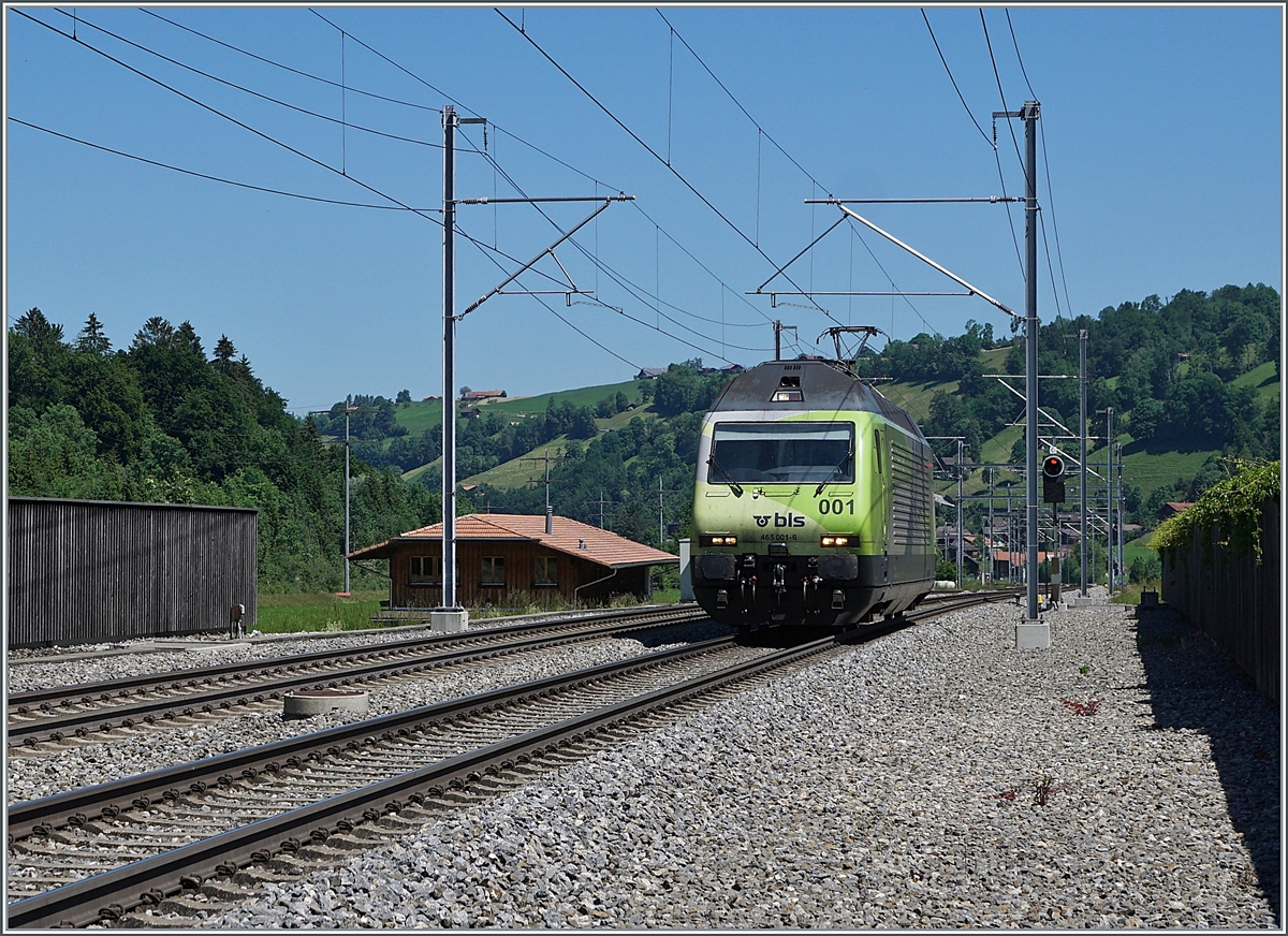 Die BLS Re 465 001 erreicht Reichenbach im Kandertal. 

14. Juni 2021