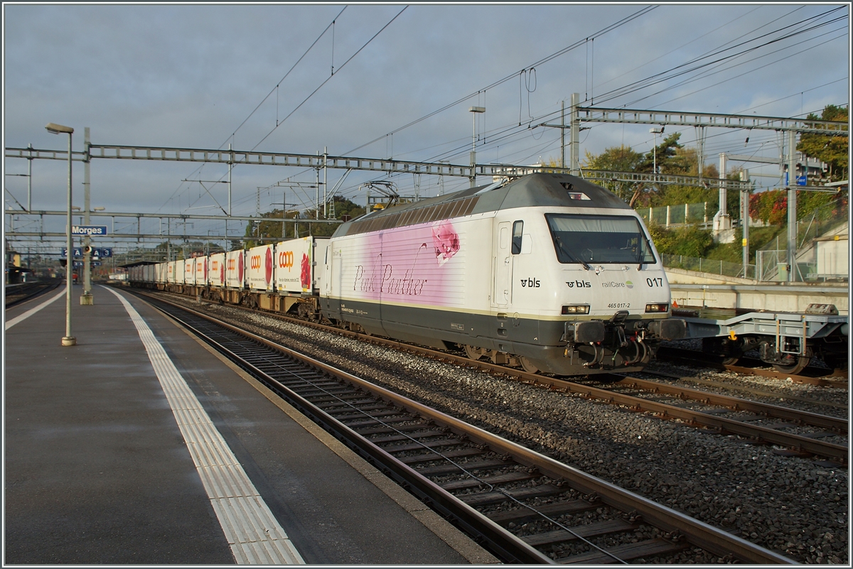 Die BLS Re 465 017-2 (UIC N° 91 85 4 465 017-2 CH-BLS)  Pink Panter  mit einem Güterzug nach Vufflens le Château wartet in Morges eine Überholung ab.
15. Okt. 2014