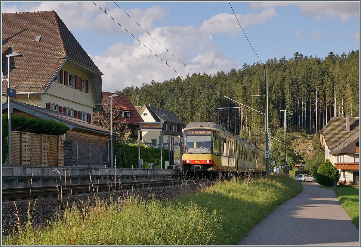 Die GT8-100D/2S-M 916 und 902 erreichen die Haltestelle Röt bei Baiersbronn. 

12.Sept. 2021