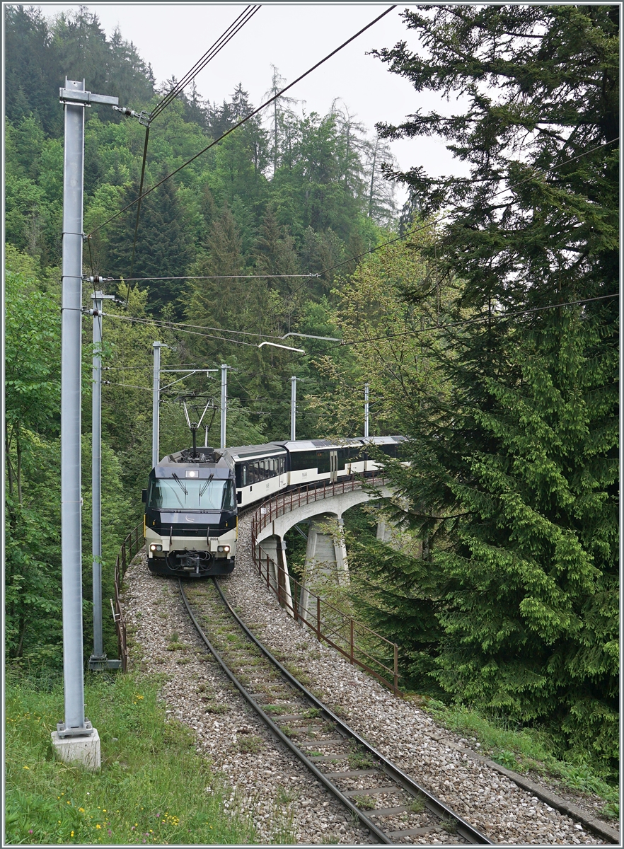 Die MOB Ge 4/4 8004 mit einem Panoramic Express auf der Fahrt nach Montreux zwischen Les Avants und Sendy Sollard unterwegs. 

16. Mai 2020