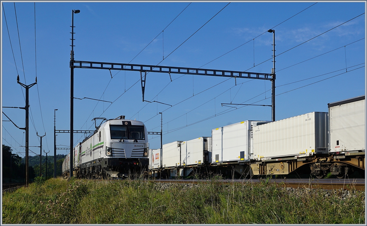 Die Rail Care Rem 476 453-6 VAUD (UIC 91 85 4476 43-6 CH-RLC) ist mit ihrem Coop-Container Zug in Vufflens la Ville eingetroffen. Auf dem Nebengleis steht schon die Fracht für die Rückfahrt. 
29. August 2018