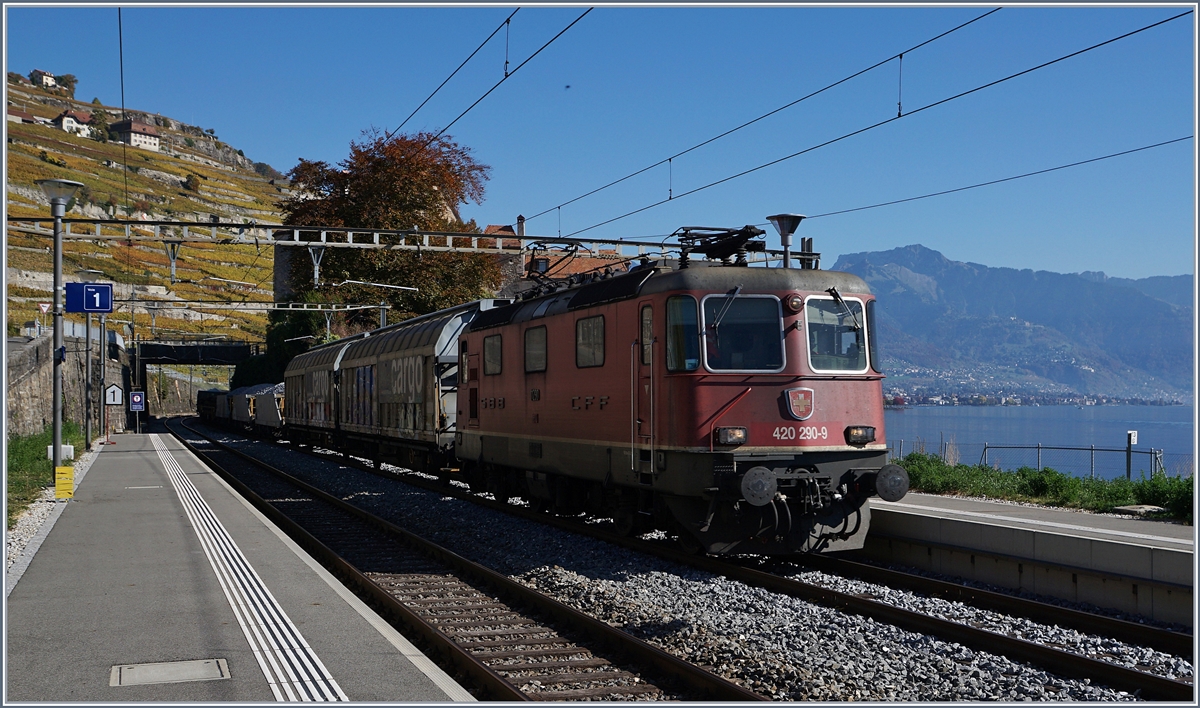Die SBB Re 420 290-9 mit einem Güterzug bei der Durchfahrt in Rivaz.
18. Okt. 2017