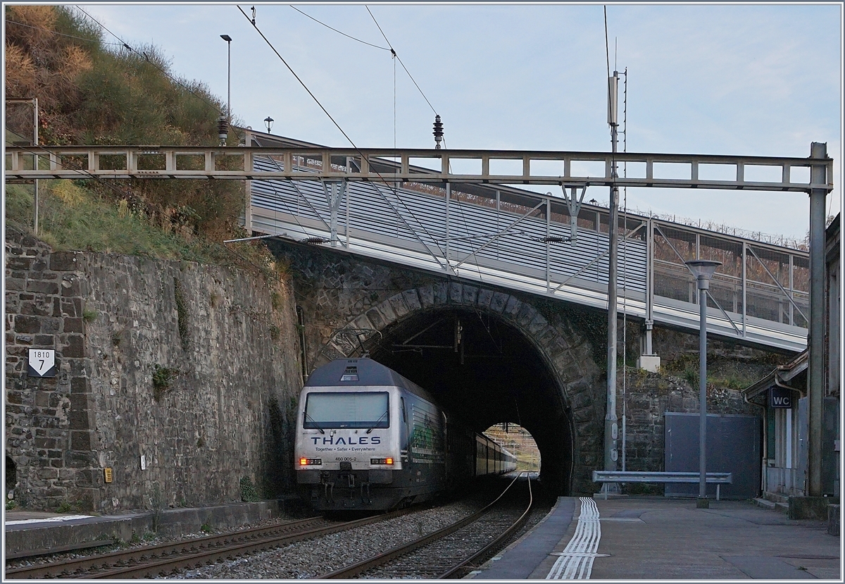Die SBB Re 460 005-2  Thales  schiebt in Lutry ihren IR in den 136 Meter langen  Tour-de-Bertholod Tunnel. Zur Zeit wir der Tunnel saniert.

3. Nov. 2017 