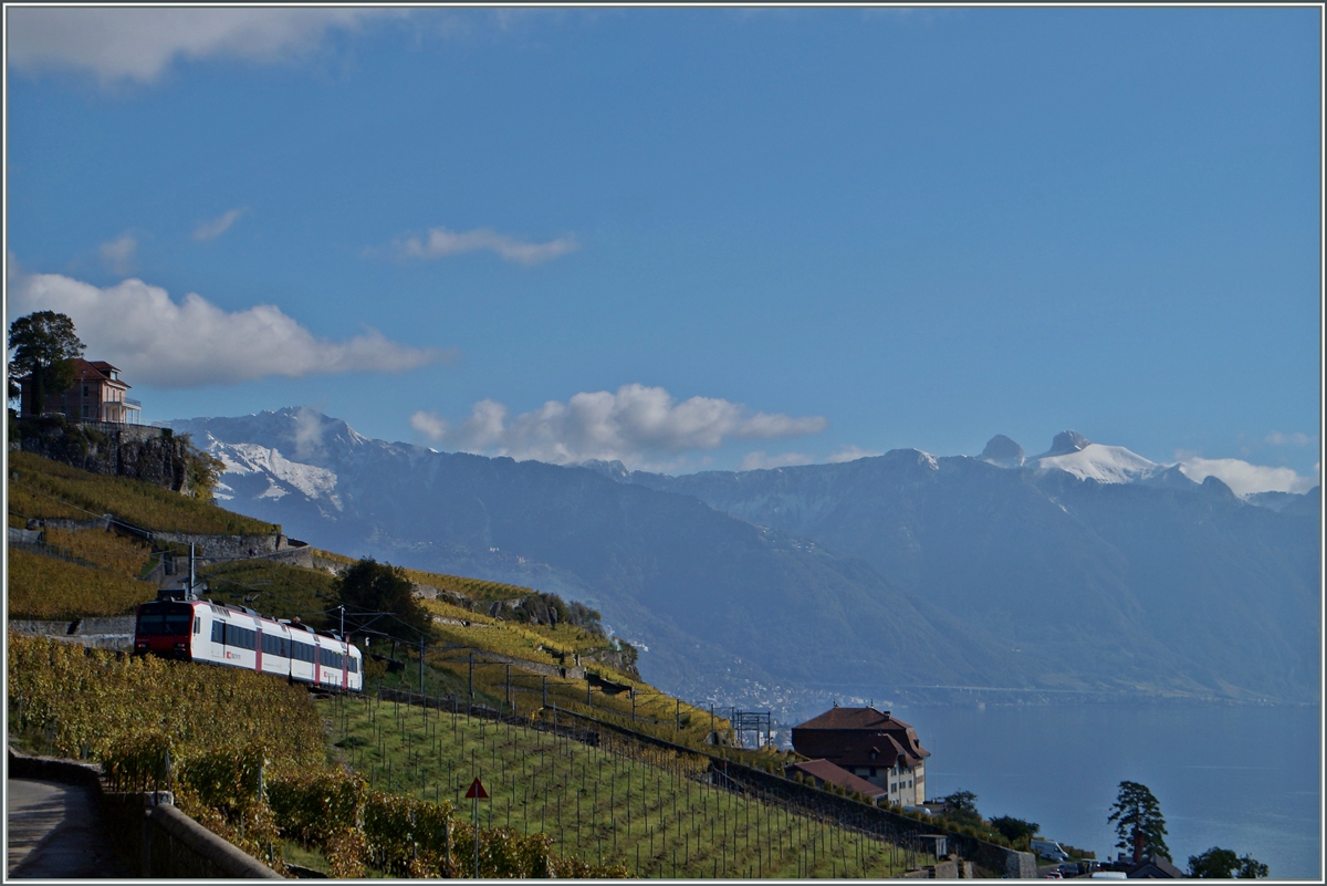 Ein RBDe 560 mit Bt auf dem Weg von Puidoux-Chexbres nach Vevey kurz nach Chexbres. 
Nach dem Fahrplanwechsel im Dez. 2014 sollen die heute zweiteiligen Züge durch einen Zwischenwagen ergänzt werden.
Gut zu sehen ist auch die strake Neigung der Strecke. 
23. Okt. 2014