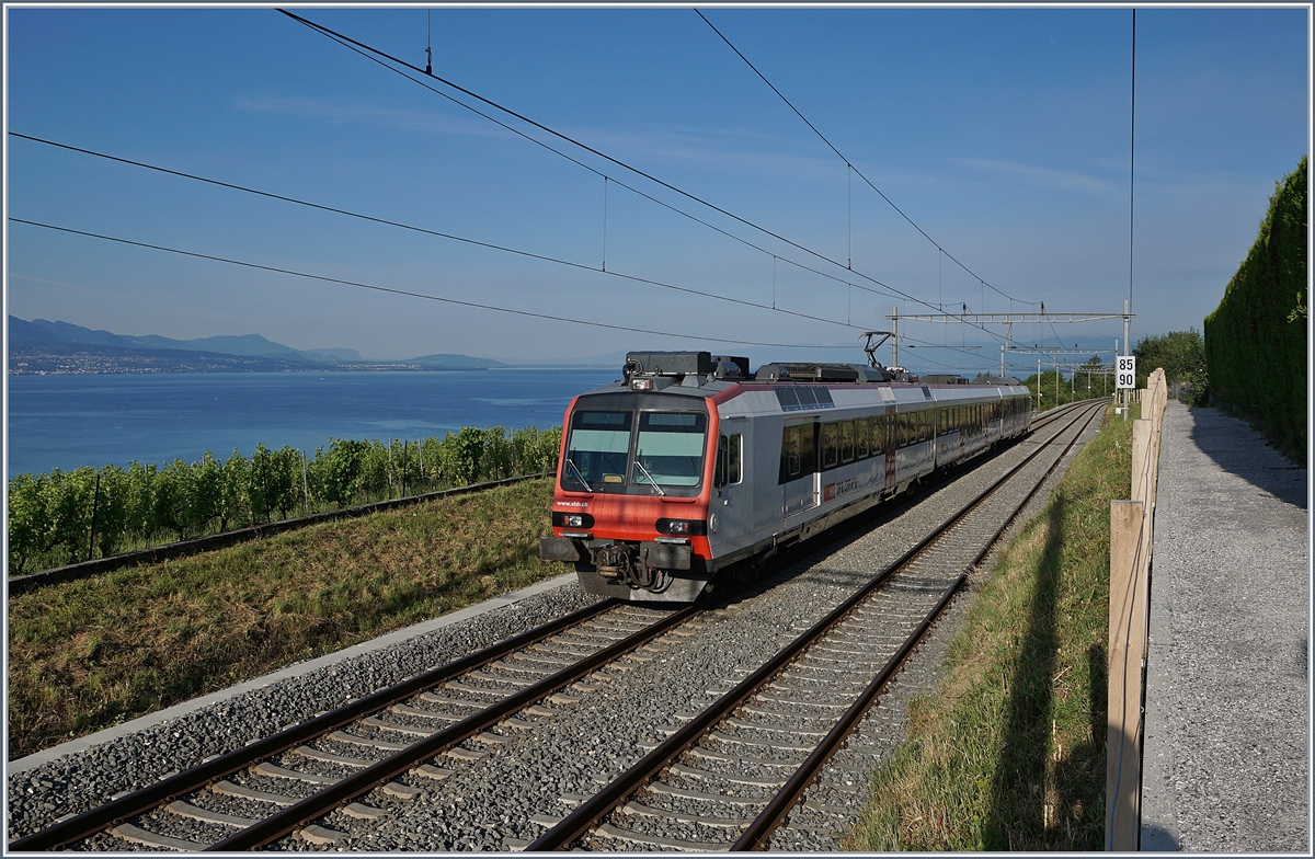 Ein SBB RBDe 560 Domino als Regionalzug auf der Fahrt Richtung Lausanne kurz vor La Conversion. 

14. Juli 2020