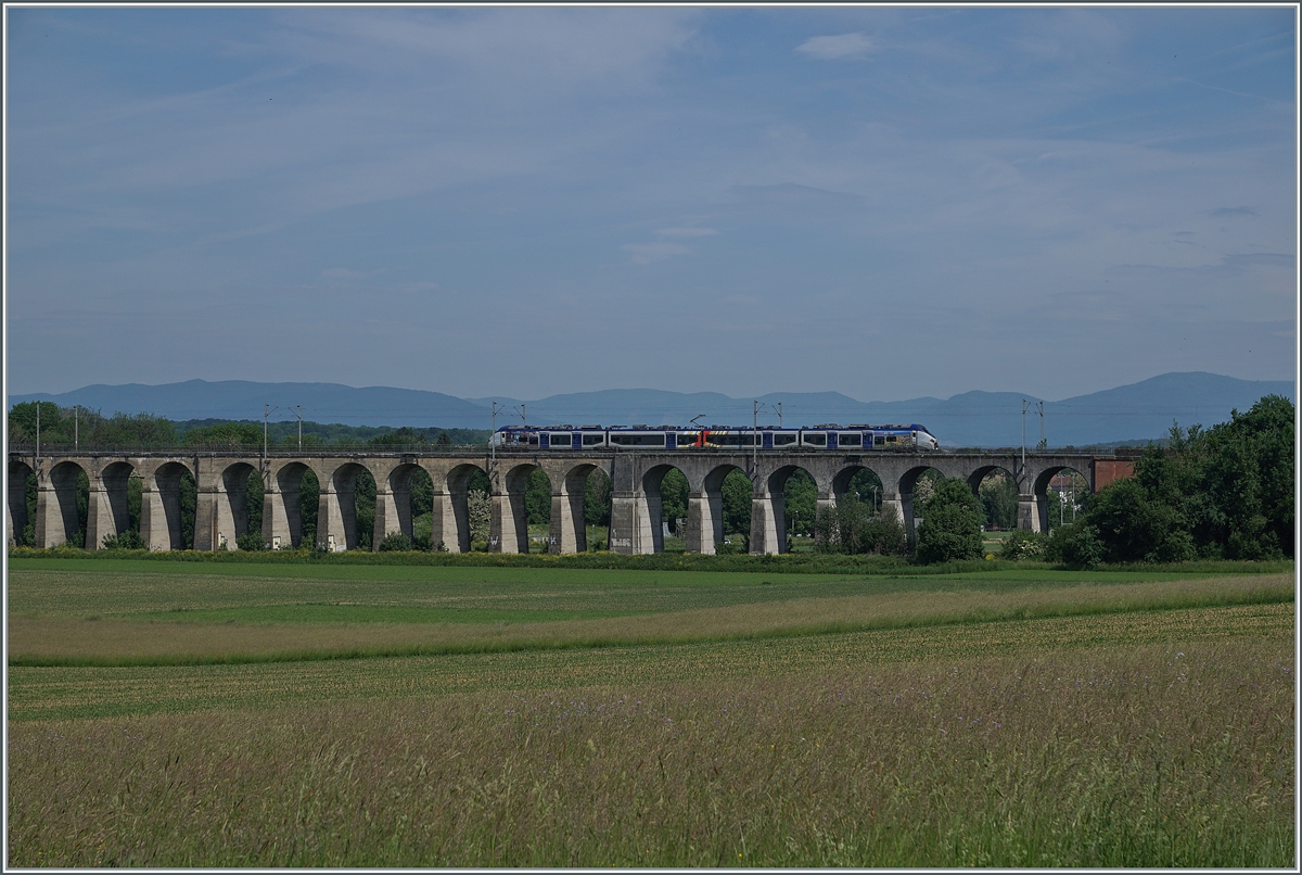 Ein SNCF Coradia Polyvalent der Baureihe B 83500 ist als TER 830412 von Mulhouse nach Belfort unterwegs und fährt kurz nach Dannemarie über den 490 Meter langen Viaduc de Dannemarie, welcher in den Jahren 1860-1862 gebaut wurde. 

19. Mai 2022
