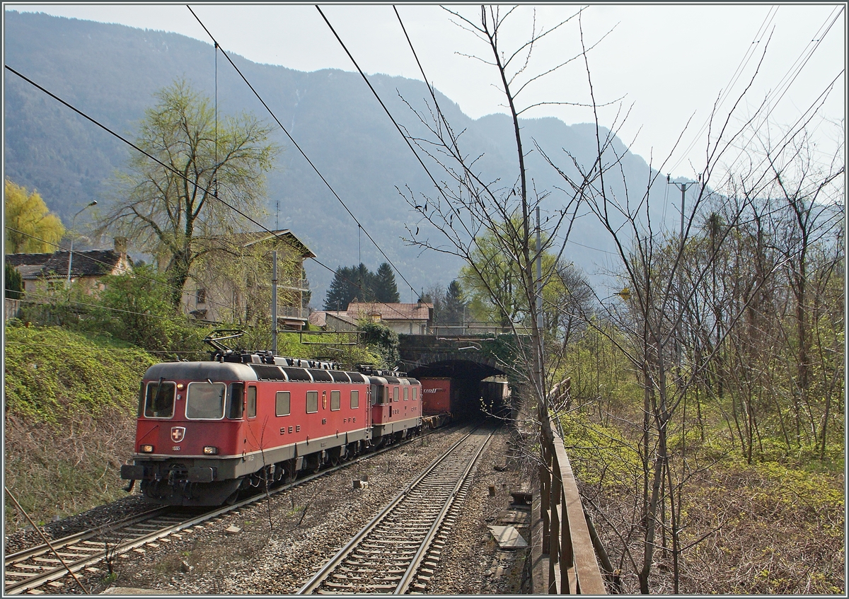 Eine  Re 10/10  mit der führneden Re 6/6 11665 mit einem Güterzug bei der Einfahrt in den Bahnhof von Varzo. 

11. April 2015