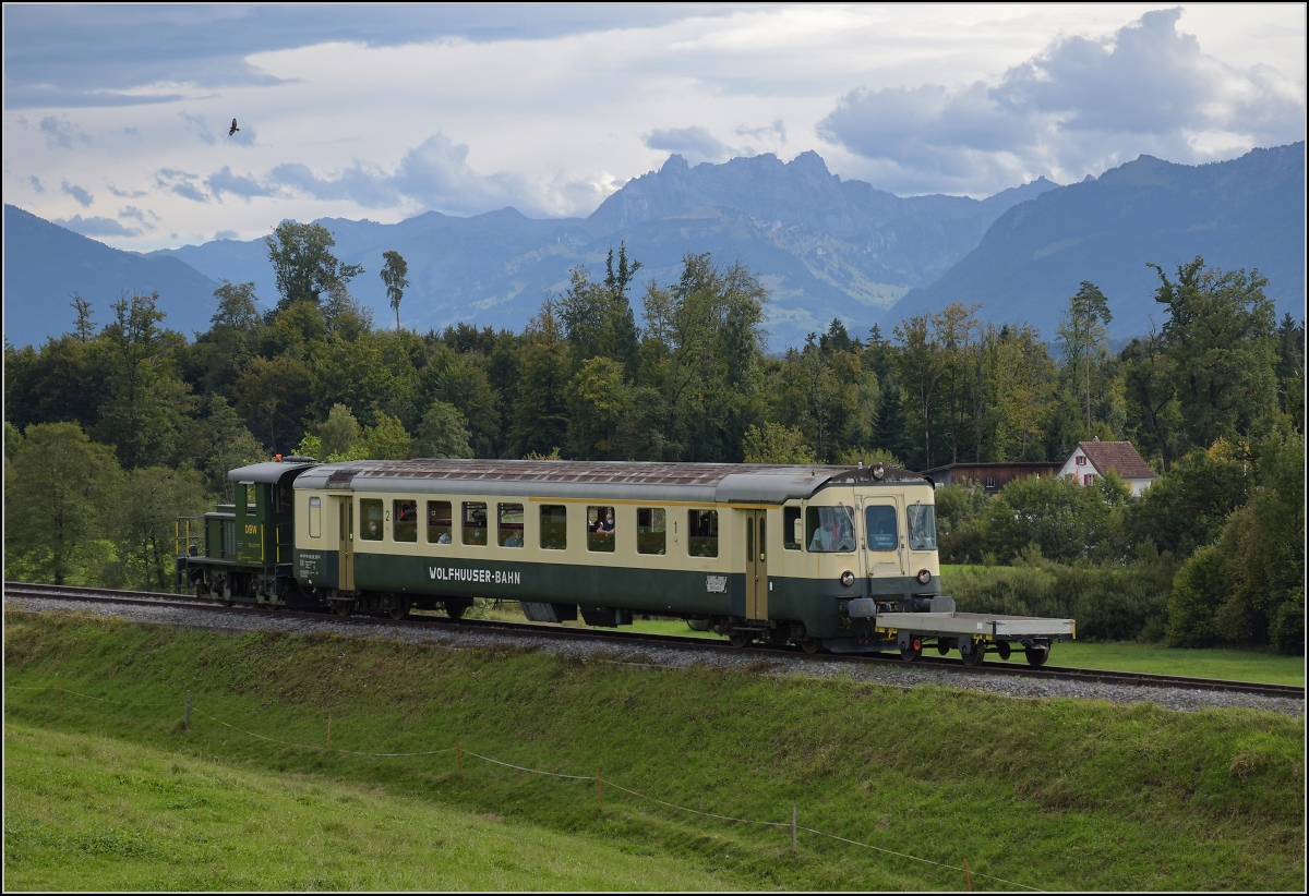 Fahrtag Wolfhuuser Bahn.

Tm 2/2 111 beim Gehöft Büel am Ortsende Bubikon. Oktober 2021.