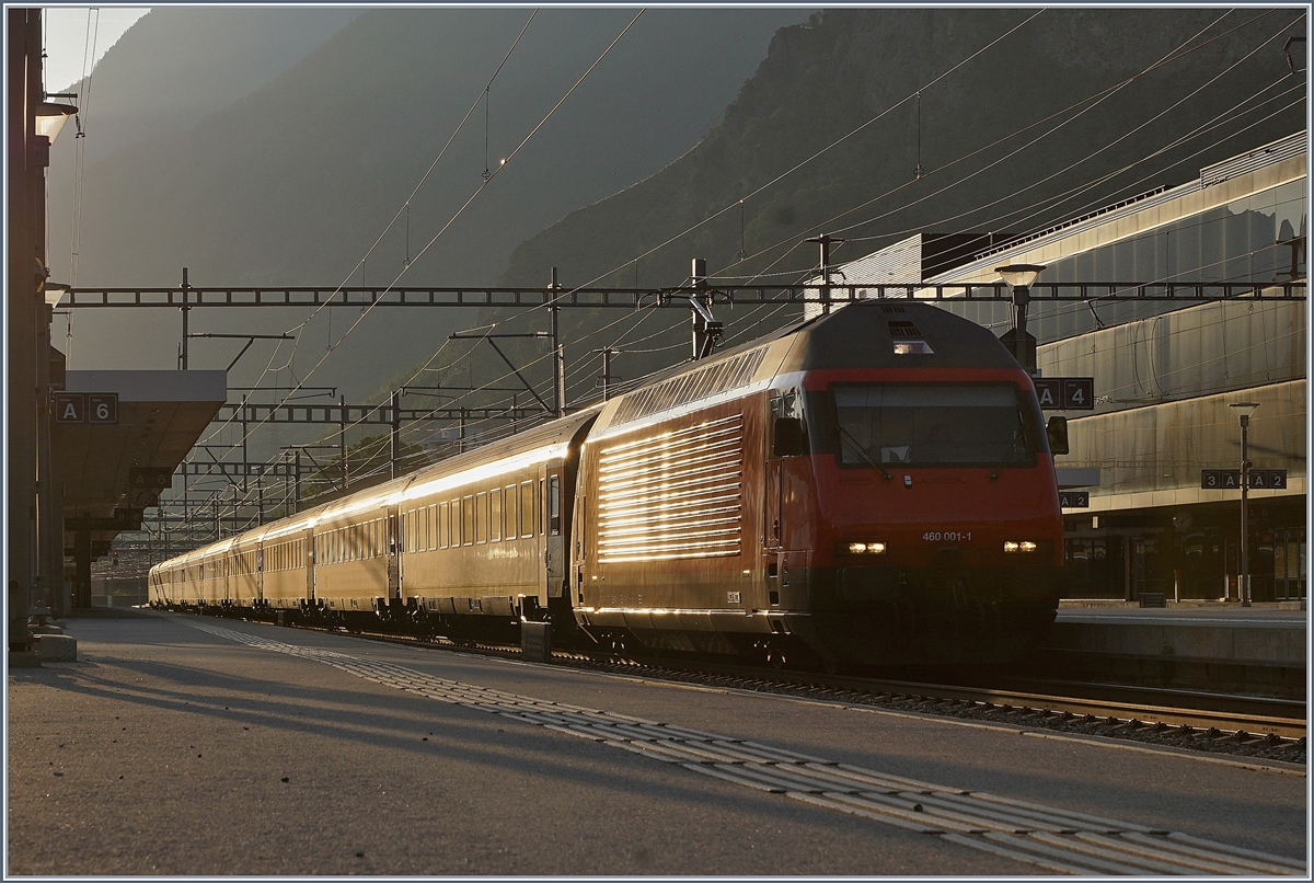 Im golden Morgenlicht zeigt sich die Re 460 001 mit ihrem IR90 nach Genève Aéroport in Visp. 

31. August 2019