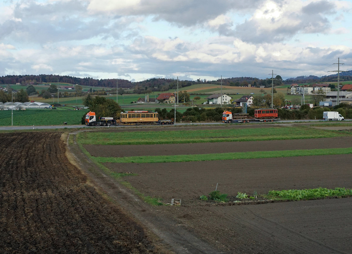 Jahresr�ckblick 2017
von Walter Ruetsch, Riedholz
SEPTEMBER
BMK: Bahnmuseum Kerzers.
Die ehemaligen Triebwagen Ce 2/4 13 und X 2/2 112 der Birseckbahn sowie zwei G�terwagen der Gelterkinden-Sissach Bahn haben am 27. Oktober 2017 nach einem Aufenthalt von vielen Jahren das Bahnmuseum Kerzers auf der Strasse in Richtung Tschechien verlassen.