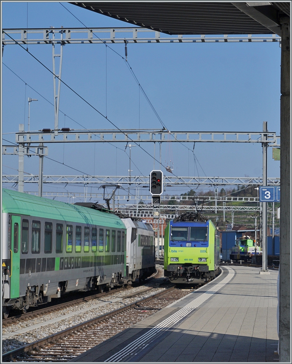 Kurz darauf treffe ich wieder auf die BLS Re 485 009, die den RoLa Zug in Spiez verlassen hat und die Traktion der BLS 186 905 (91 80 6 186 905-6 D-BLSC) bis nach Freiburg alleine überlässt.

14. April 2021